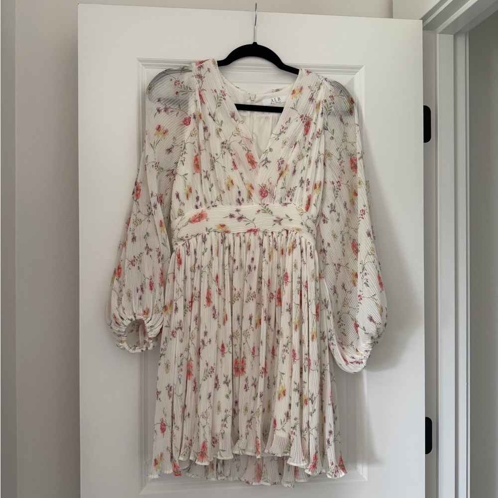Anne Louise boutique Floral Pleated Ivory Dress with Puff Sleeves - Picture 2 of 3